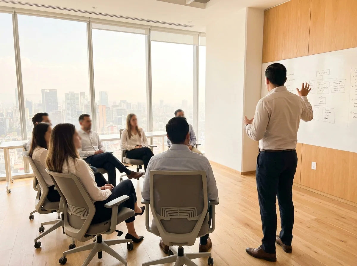 Sesión de formación directiva en un aula luminosa