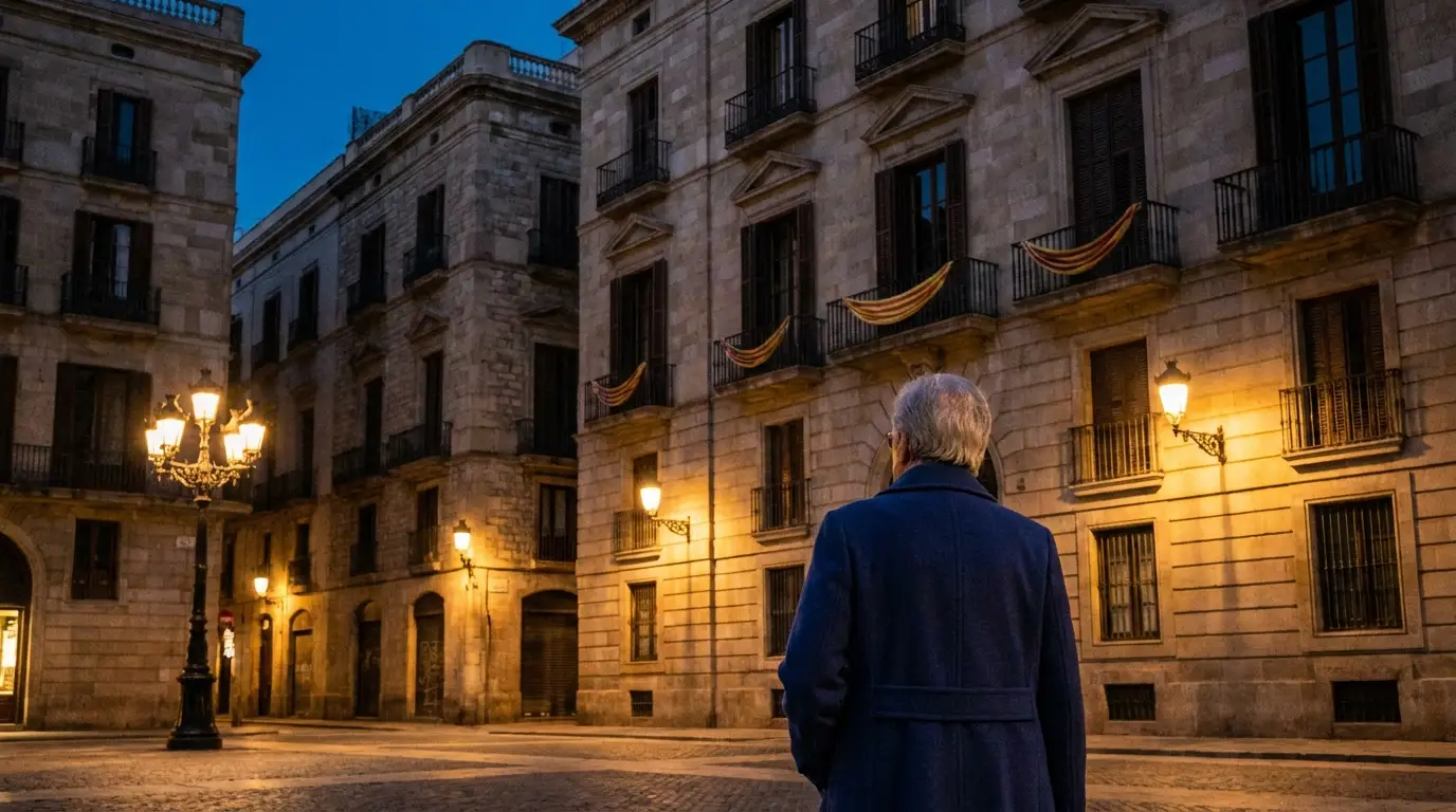 Catalanes liderazgo identidad: plaza histórica al atardecer, símbolo de autonomía y diálogo