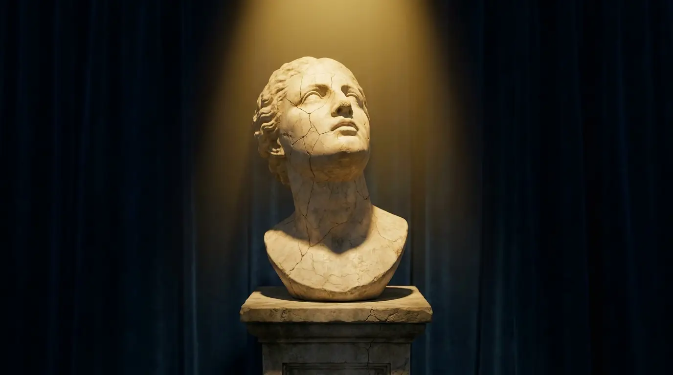 El poder y la hybris: busto clásico agrietado, símbolo de la tragedia clásica del liderazgo