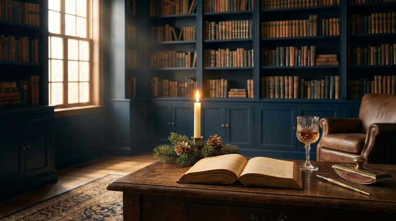 Felices fiestas liderazgo: vela y libro en biblioteca, gratitud y renovación de fin de año