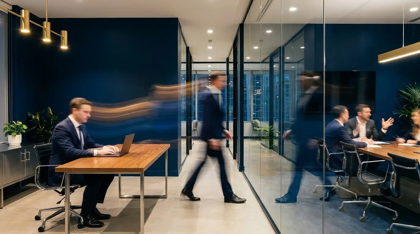 Imperativo adaptabilidad liderazgo: directivo en movimiento, símbolo de respuesta fluida a entornos VUCA