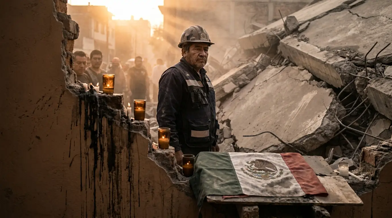 Liderazgo en crisis México: rescatista frente a escombros de sismo, memoria colectiva y resiliencia