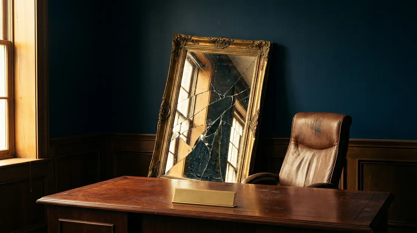 Liderazgo y narcisismo: espejo fragmentado reflejando silla vacía, símbolo del lado oscuro del poder