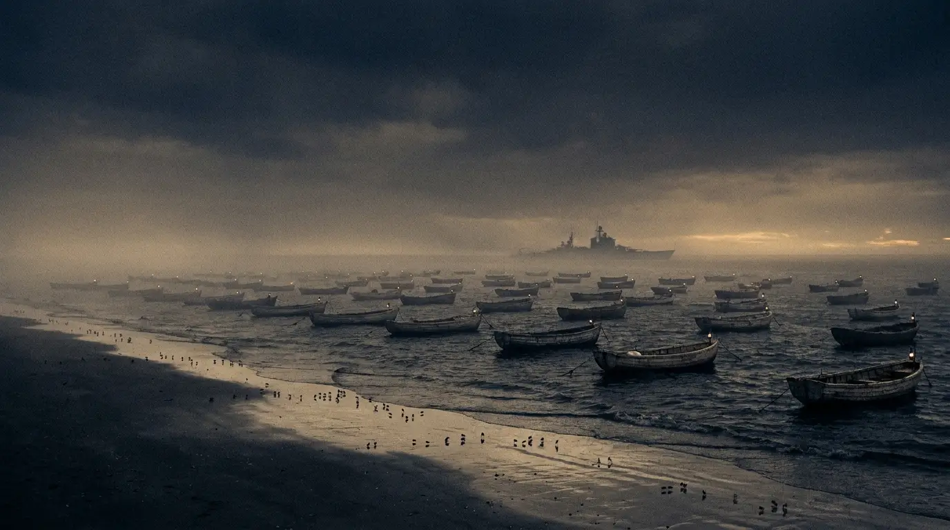 Milagro de Dunkerque liderazgo: flotilla de barcos civiles al atardecer, símbolo de cooperación colectiva
