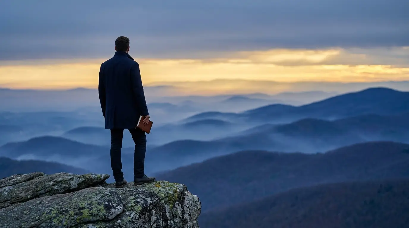 Necesidad de altura liderazgo: figura en cima de montaña al amanecer, símbolo de perspectiva estratégica