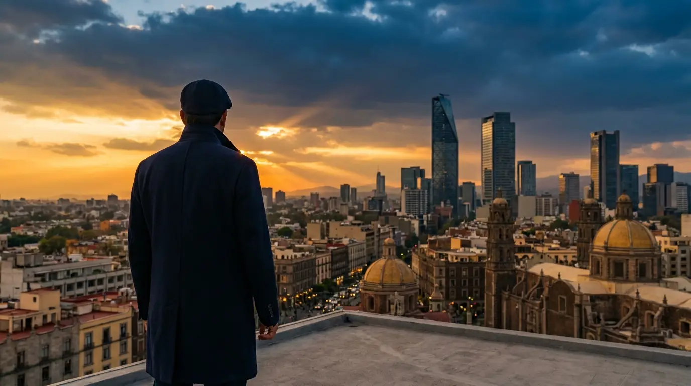Nuevo tiempo mexicano liderazgo: skyline de CDMX al atardecer, símbolo de transformación nacional