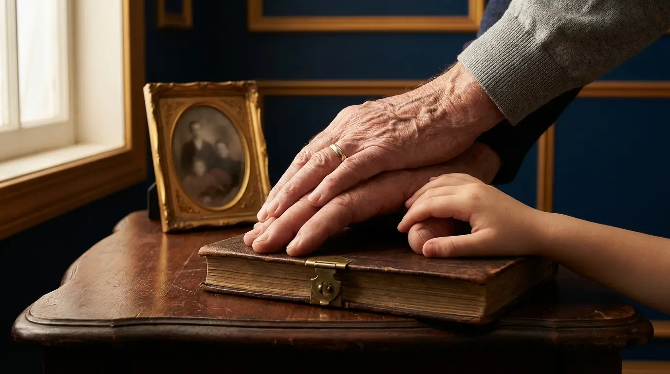 Riqueza generaciones liderazgo: tres manos generacionales sobre mesa familiar, símbolo de herencia y stewardship